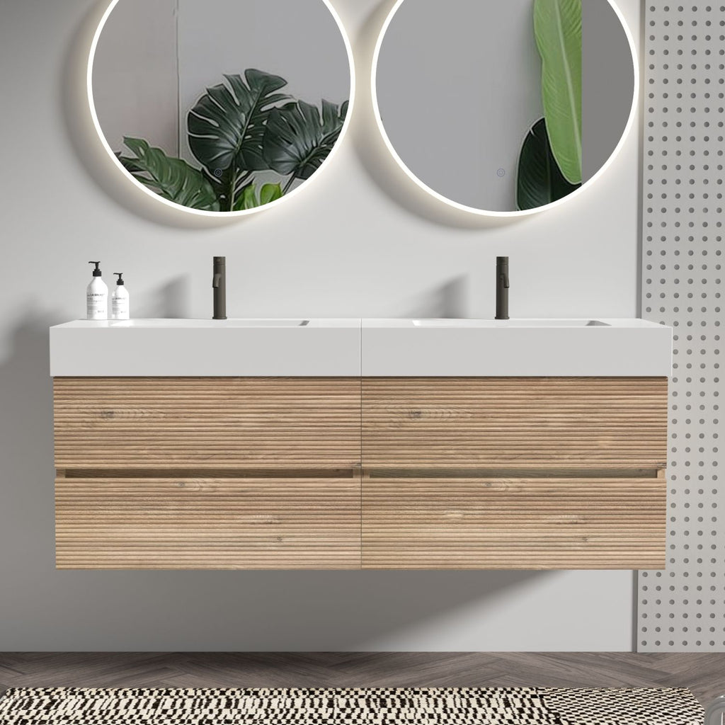 Grace 60''(30Inch*2) Bathroom Vanity with White Engineered Solid Surface Sink and Rough Oak Drawers, Wall Mounted Floating Bathroom Vanity, One-piece Basin without drainage and faucet, KD