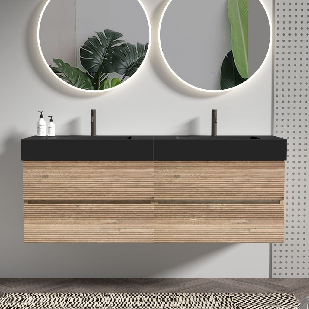 Grace 60''(30Inch*2) Rough Oak Bathroom Vanity with Engineered Matt Black Solid Surface Sink and Soft Drawers, Wall Mount Floating Bathroom Vanity for Modern Bathroom, without drainage and faucet, KD