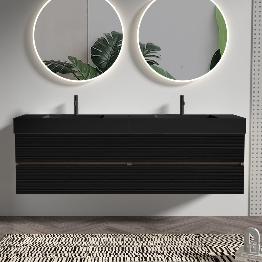 Grace 72''(36Inch*2) Bathroom Vanity with Matt Black Engineered Solid Surface Sink and Soft Black Drawers, Wall Mounted Floating Bathroom Vanity, One-Piece Matt Black Basin, KD