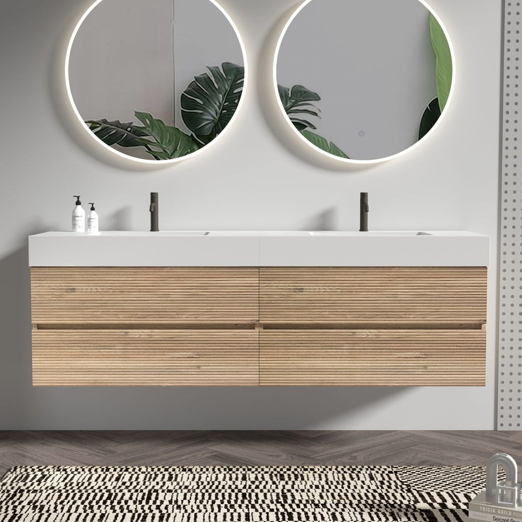 Grace 72''(36Inch*2) Bathroom Vanity with Oak Engineered Solid Surface Sink and Rough Oak Drawers, Wall Mounted Floating Bathroom Vanity, One-Piece Basin without drainage and faucet, KD