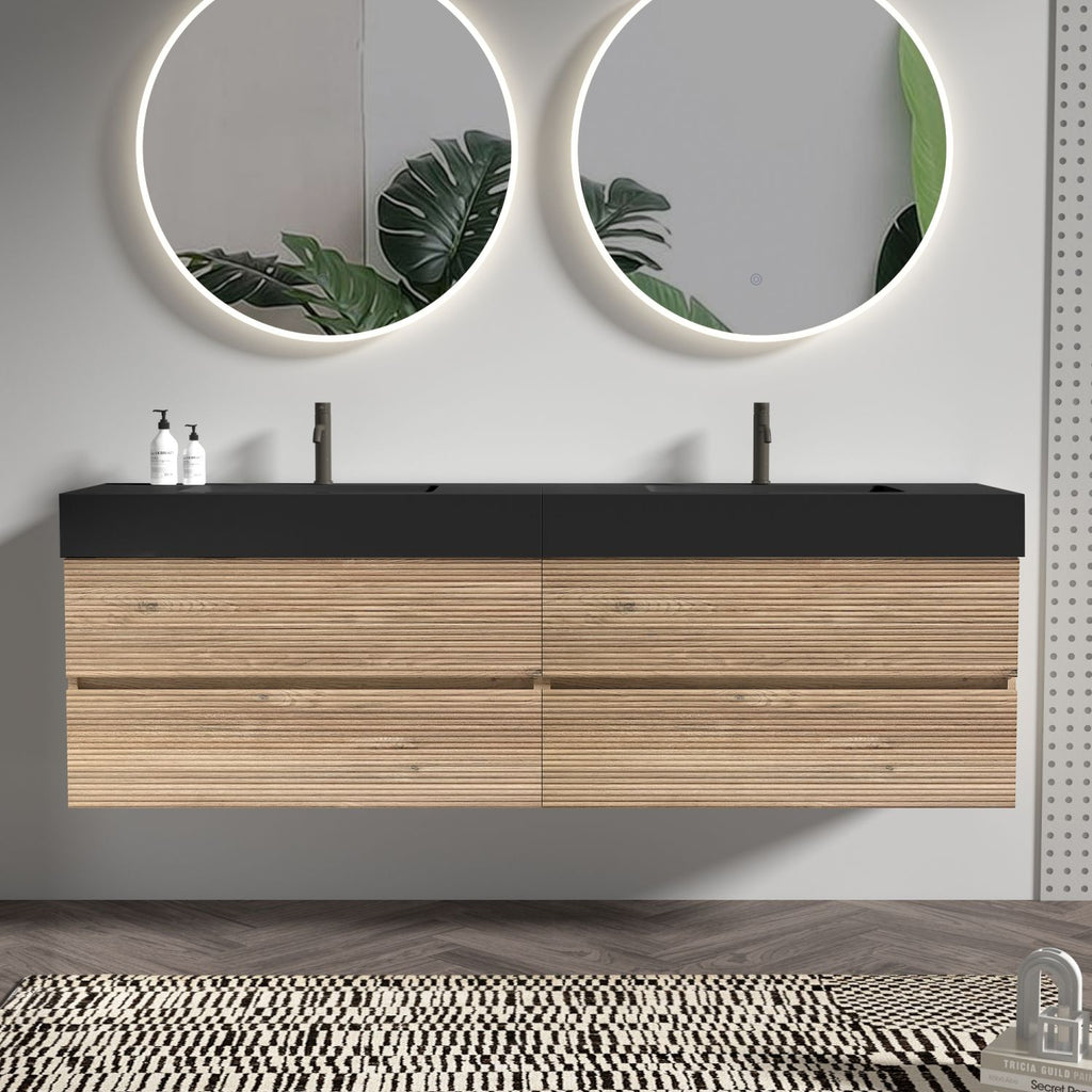 Grace 72''(36Inch*2) Rough Oak Bathroom Vanity with Engineered Matt Black Solid Surface Sink and Soft Drawers, Wall Mount Floating Bathroom Vanity for Modern Bathroom, without drainage and faucet, KD