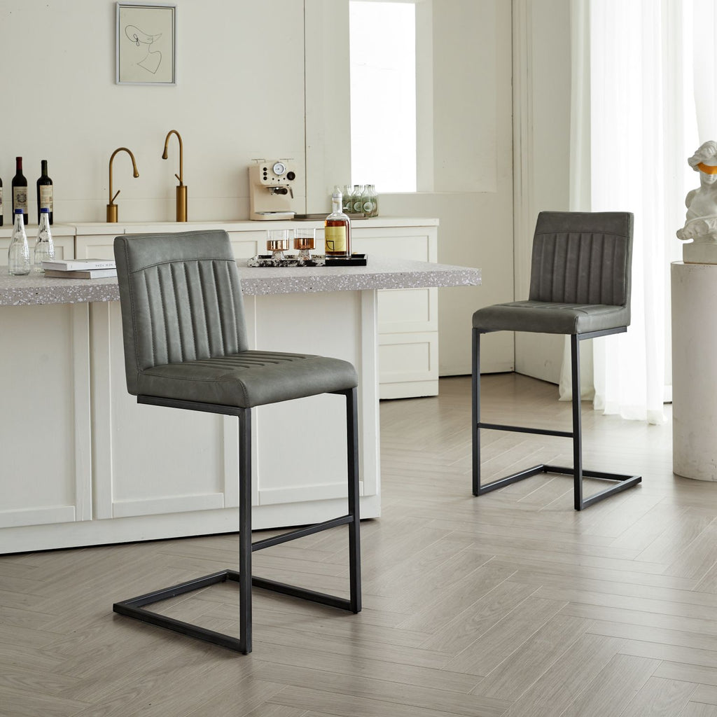 Gray Faux Leather Bar Stool with Vertical Tufted Backrest - Sturdy Black Metal Frame Counter Height Seating with Footrest for Kitchen Island, Home Bar & Dining Space,2 Sets