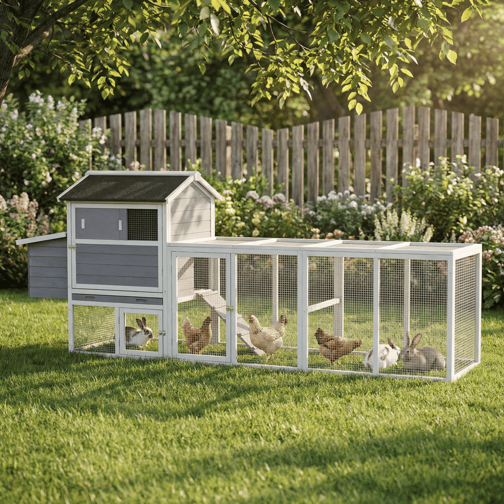 Gray Wooden Chicken Coop, Large Outdoor Hen House with Run and Nesting Box Poultry Cage, Rabbit Hutch, Waterproof Anti-UV Panel for Backyard