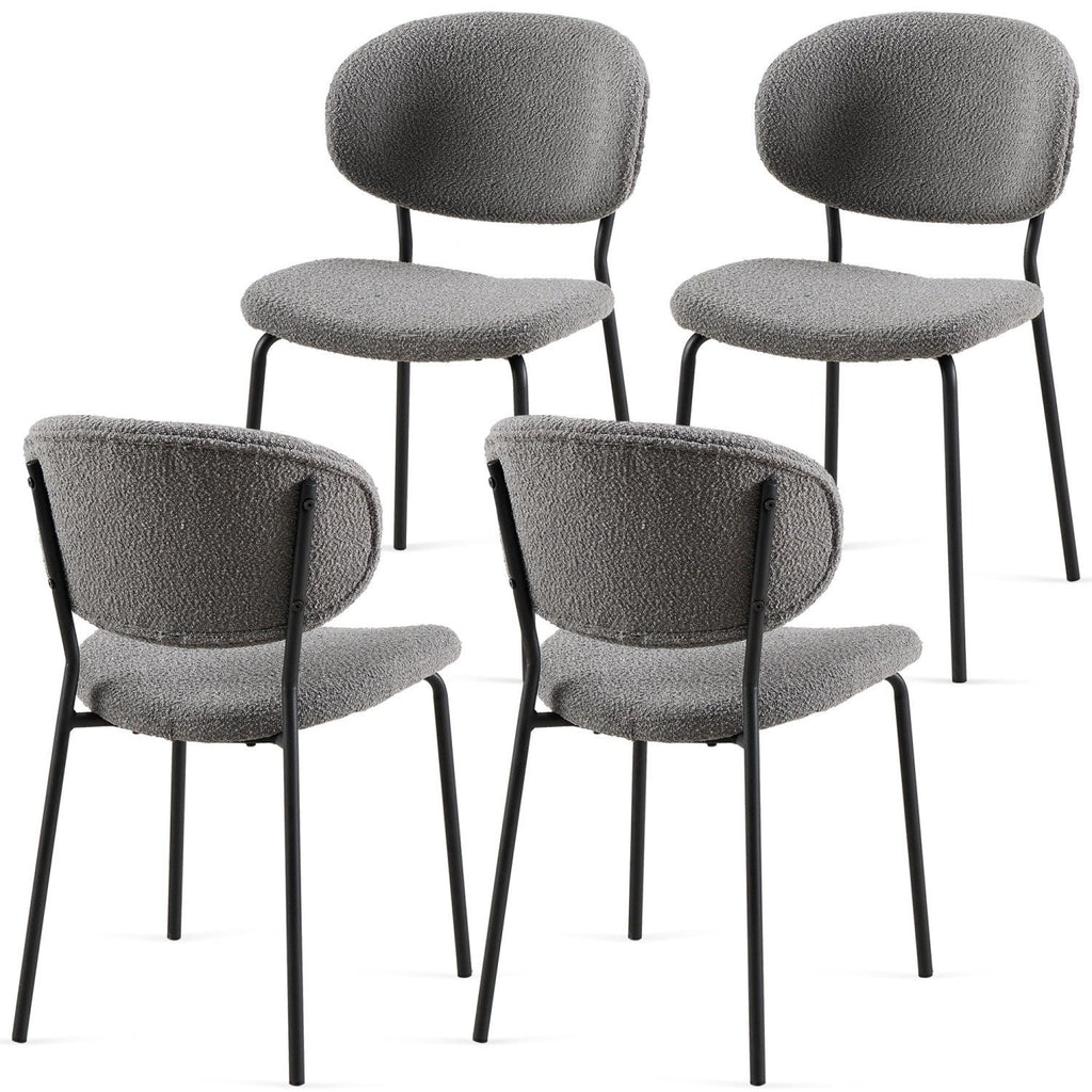 Grey Boucle Fabric Dining Chairs Set of 4, Mid-Century Modern Dining Chairs, Kitchen Dining Room Chairs, Curved BackrestUpholstered Boucle Dining Chair with Black Metal Legs