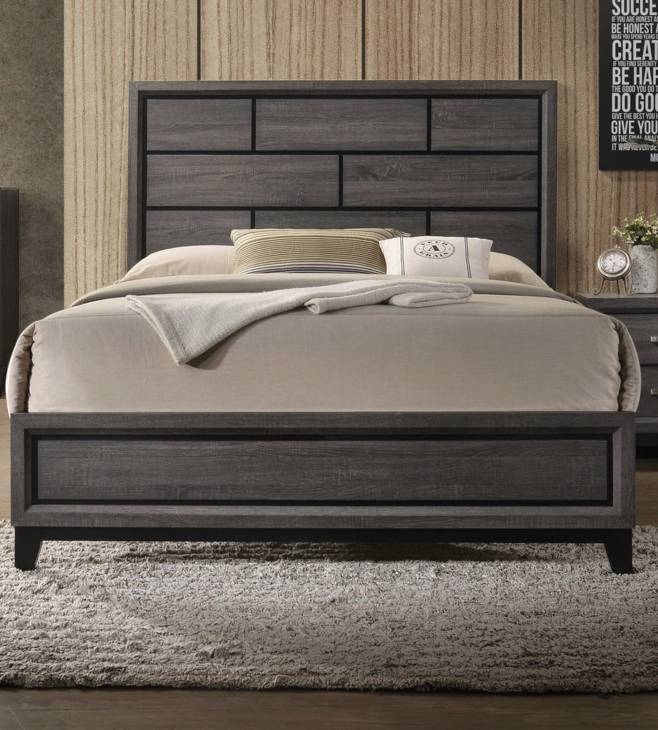 Grey Finish 1pc Queen Size Panel Bed Beautiful Wooden Bedroom Furniture Box Design Headboard FB Rubber wood Paper veneer