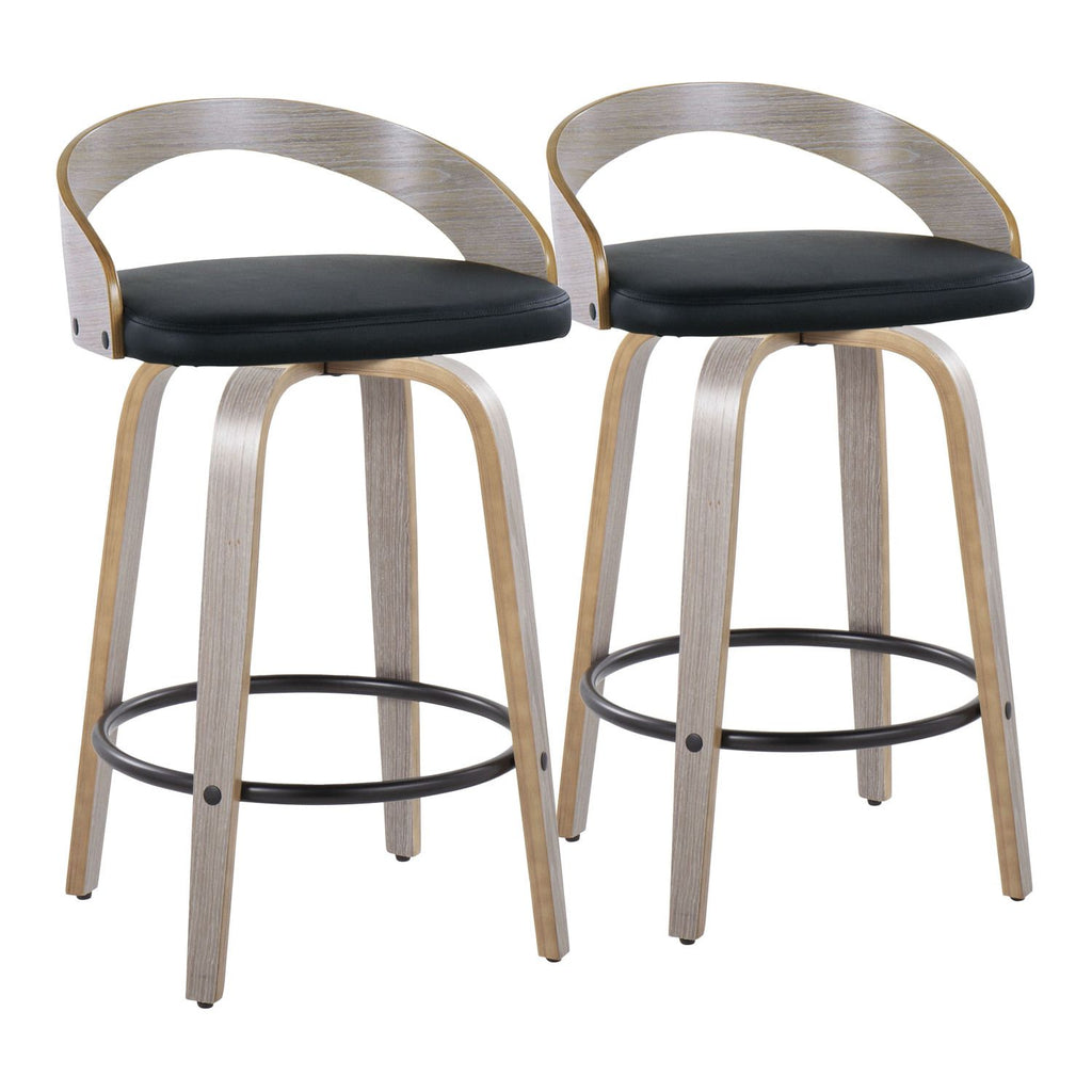 Grotto 26" Contemporary Fixed-Height Counter Stool with Swivel in Light Grey Wood and Black Faux Leather with Round Black Metal Footrest by - Set of 2