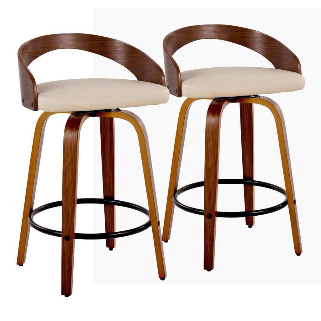 Grotto 26" Mid-Century Modern Fixed-Height Counter Stool with Swivel in Walnut Wood and Cream Faux Leather with Round Black Metal Footrest by - Set of 2