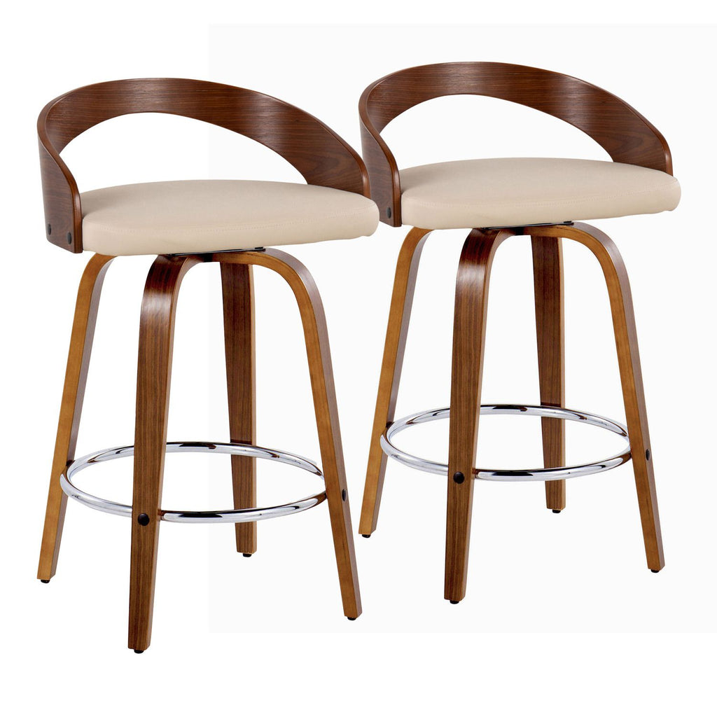 Grotto 26" Mid-Century Modern Fixed-Height Counter Stool with Swivel in Walnut Wood and Cream Faux Leather with Round Chrome Metal Footrest by - Set of 2