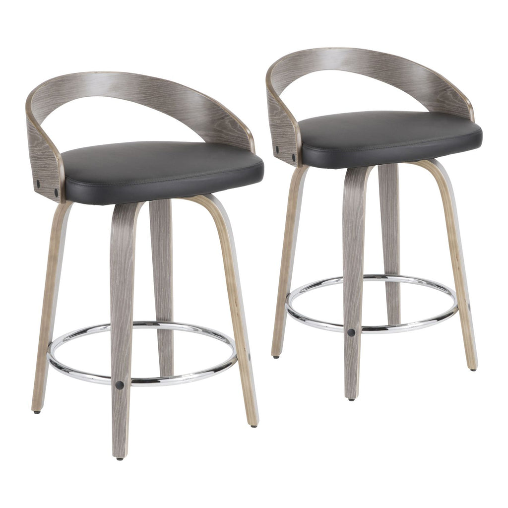 Grotto Mid-Century Modern Counter Stool with Light Grey Wood and Black Faux Leather by - Set of 2