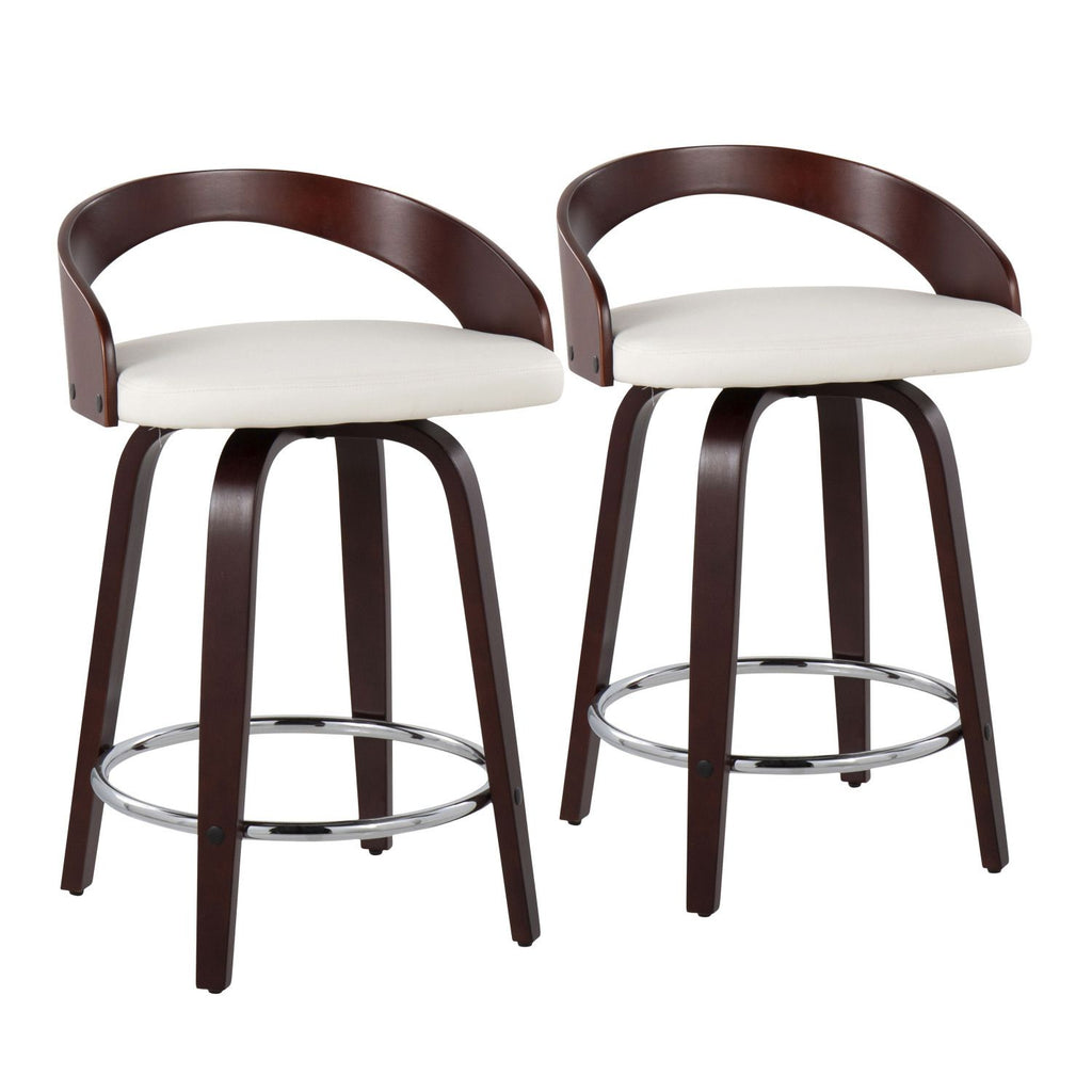 Grotto Mid-Century Modern Counter Stool with Swivel in Cherry with White Faux Leather by - Set of 2