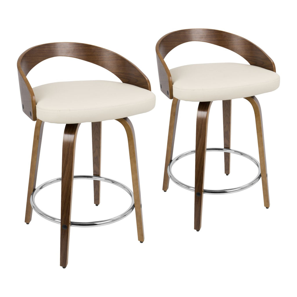 Grotto Mid-Century Modern Counter Stool with Swivel in Walnut with Cream Faux Leather by - Set of 2