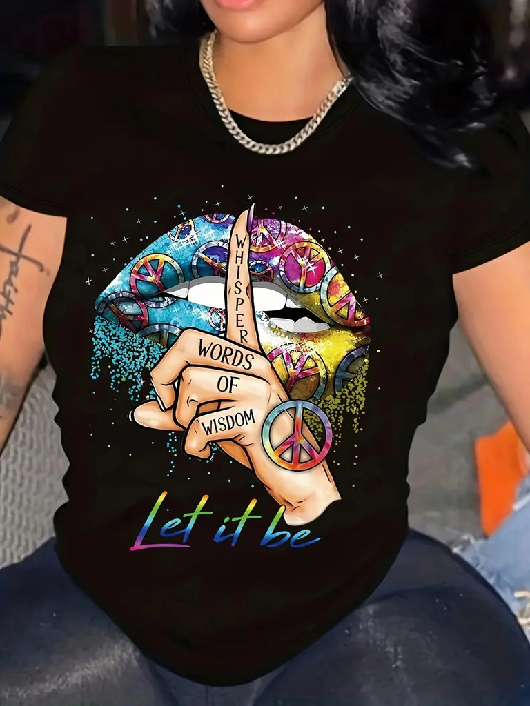 Women’s Gesture Print Crew Neck T-Shirt Soft Comfortable Casual Short Sleeve Top for Spring and Summer