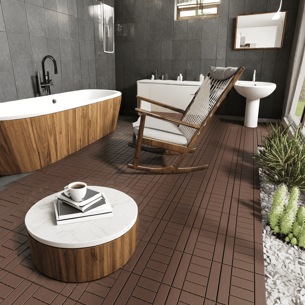 H Style 12" Patio Deck Tiles, DIY Module Interlocking Decking Tiles Floor Tile Outdoor and Indoor,Easy and Quick Installation Court Tiles for Porch Poolside Balcony Backyard 44pcs Red Brown