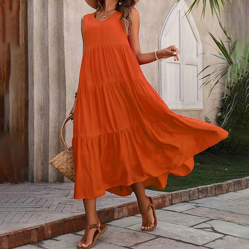 Summer Casual V-Neck Long Dress for Women with Ruffles and Pleats, Elegant Beach Vacation Dress in Yellow and Black - NIICY