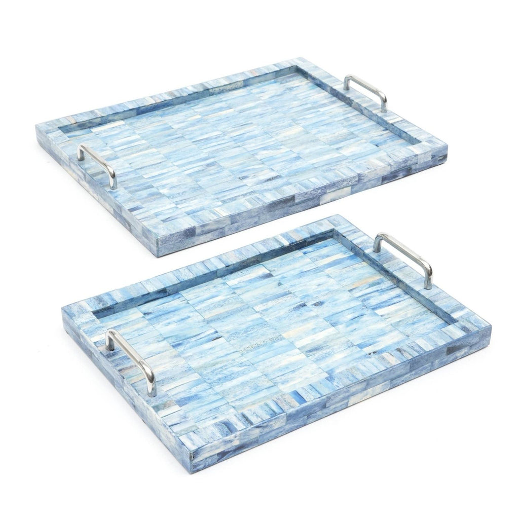 Handmade Bone & Resin Checkered Tray with Handle - Set of 2