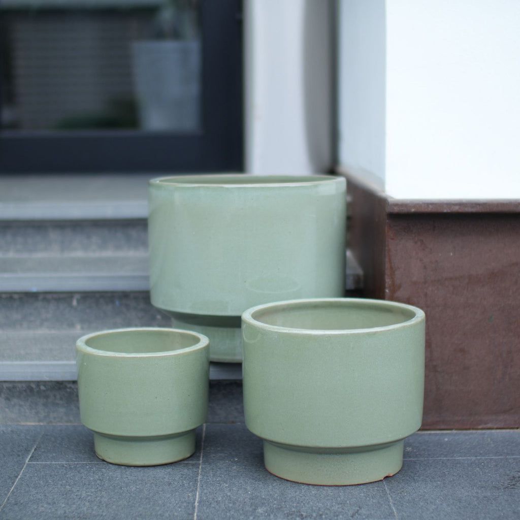 Handmade Solid Glaze Ceramic Planter Set of 3, 15/12/9 Inch Diameter, for Succulents & Flowers Outdoor Garden & Indoor Staircase Use, Breathable Porous Clay, Earthy Green