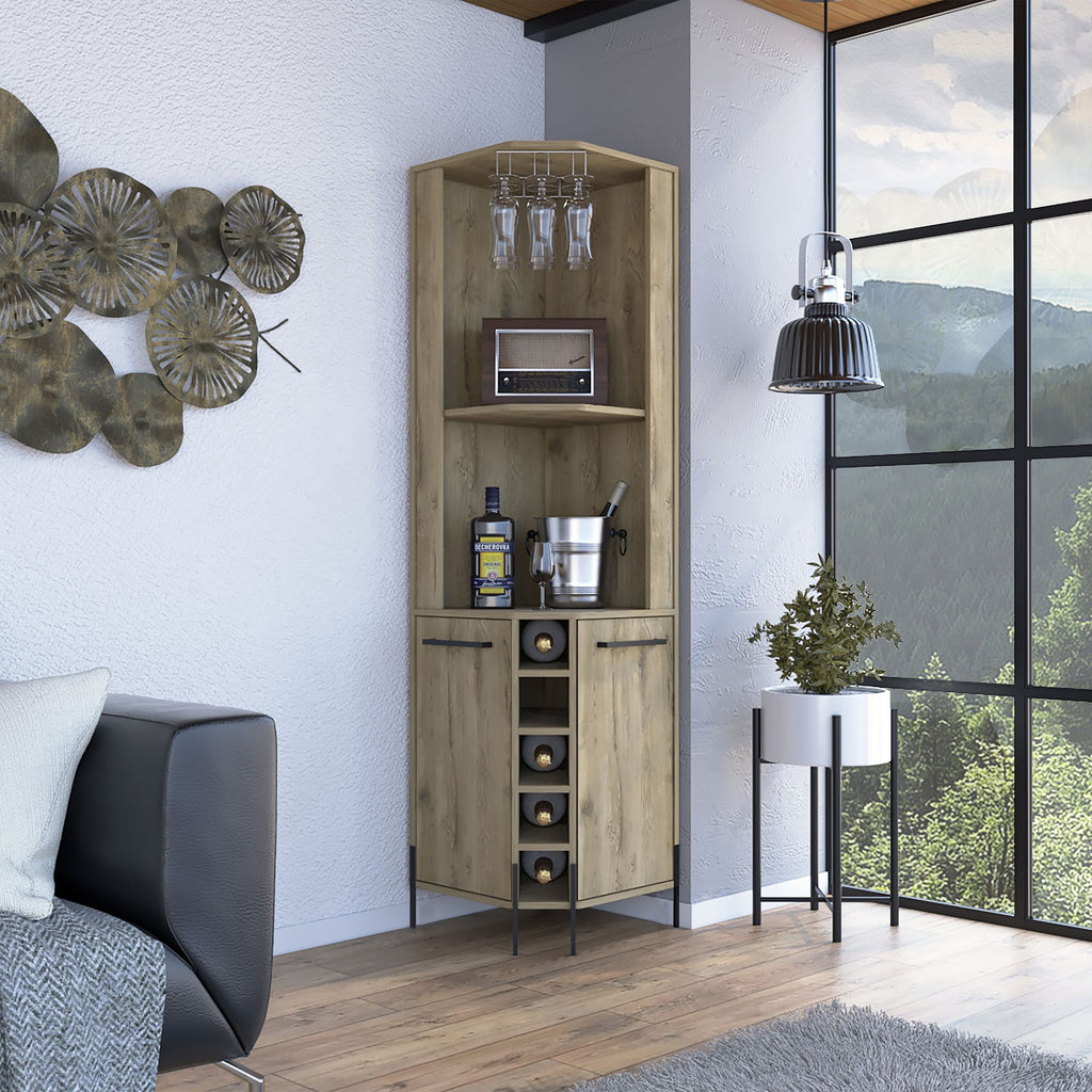 Hans Corner Bar Cabinet, Two Shelves, Five Built-in Wine Rack-Macadamia