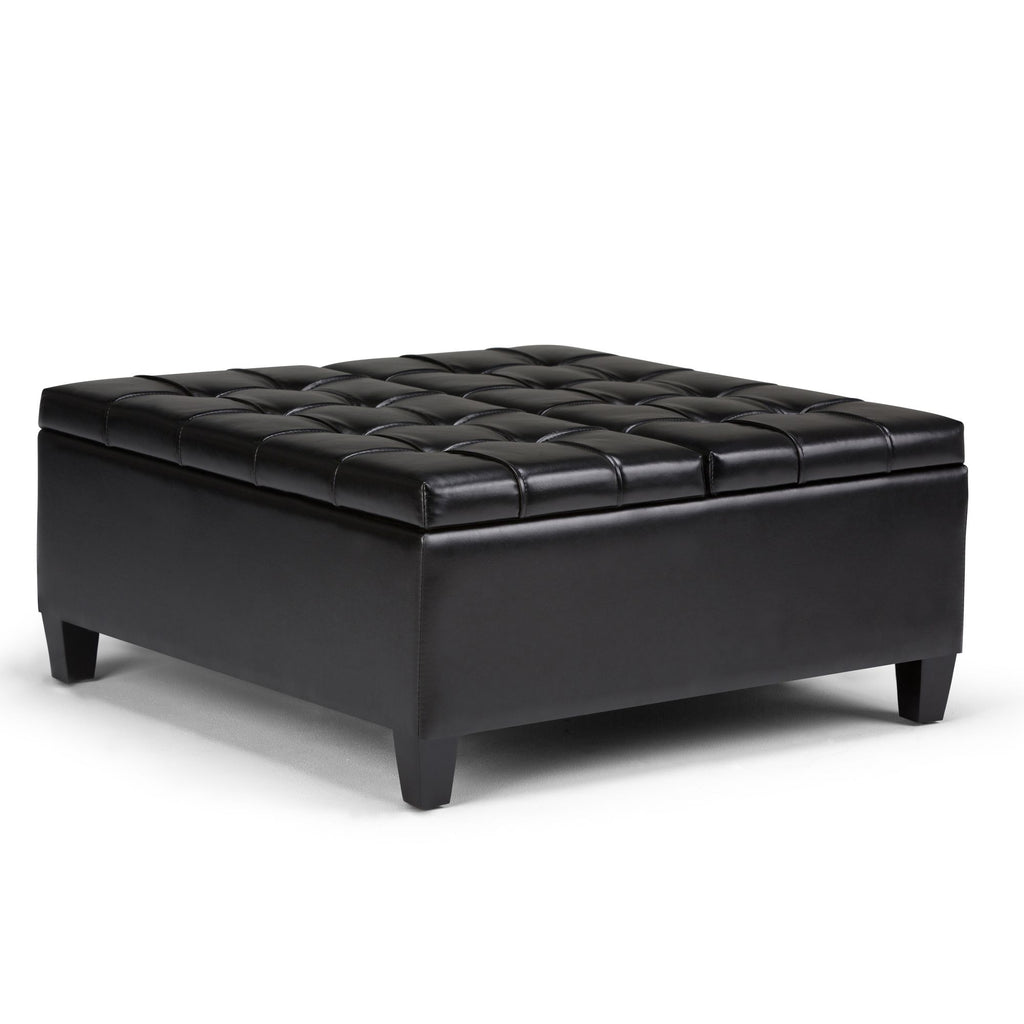 Harrison 36 inch Wide Coffee Table Storage Ottoman in Midnight Black Vegan Leather