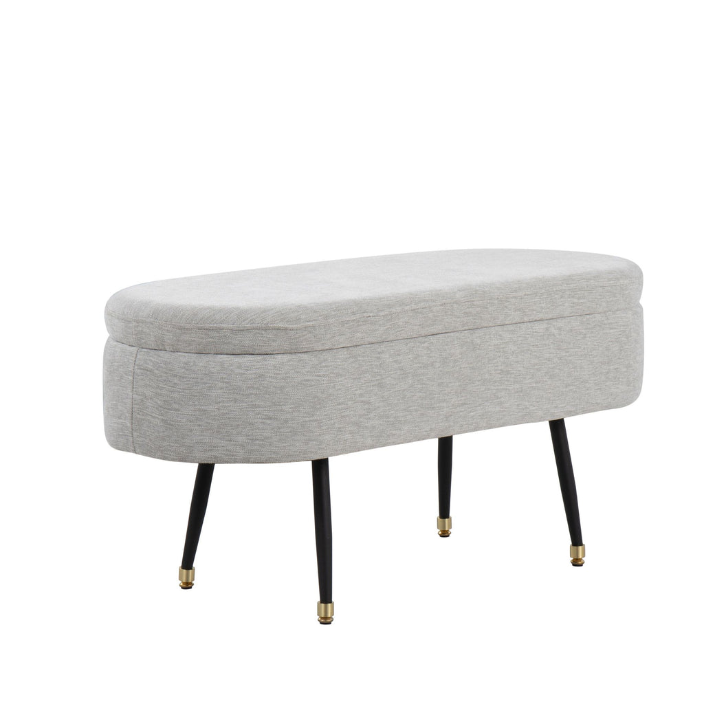 Harvey Contemporary Storage Bench in Black Metal and Light Grey Fabric with Gold Metal Accent