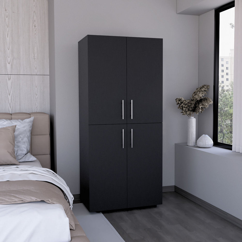 Hazel 70" High Four-Door Armoire Wardrove Closet Cabinet, Six Shelves and Two Hanging Rods, Bedroom Clothes Storage Cabinet Organizer Black