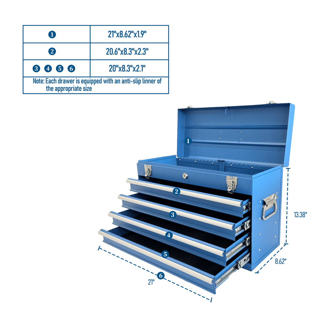 Heavy Duty Metal Tool Box, 21-inch, Portable Metal Tool Box with 4 Drawers, Small Tool Chest with EVA Liners, Ball Bearing Slide Drawers Locking & Powder Coated Finish, Multi-Function Tool Organizer