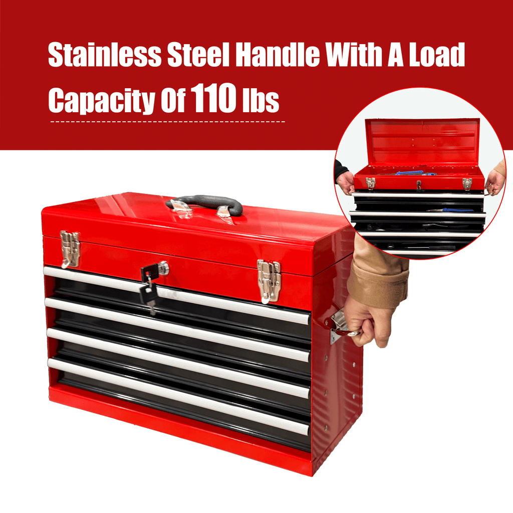 Heavy Duty Metal Tool Box, 21-inch, Portable Metal Tool Box with 4 Drawers, Small Tool Chest with EVA Liners, Ball Bearing Slide Drawers Locking & Powder Coated Finish, Multi-Function Tool Organizer