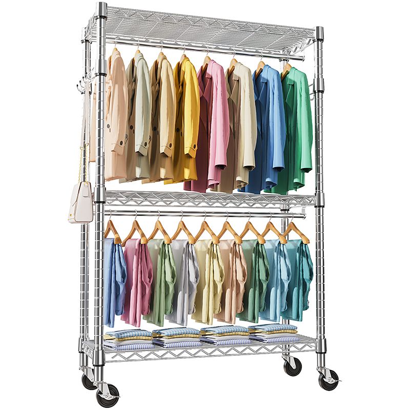 Heavy Duty Rolling Garment Rack 3 Tiers Adjustable Wire Shelving Clothes Rack with 2 Rods and Side Hooks, Storage Closet Clothing Rack with Wheels Chrome 17.7" D x 47.2" W x 83.6" H
