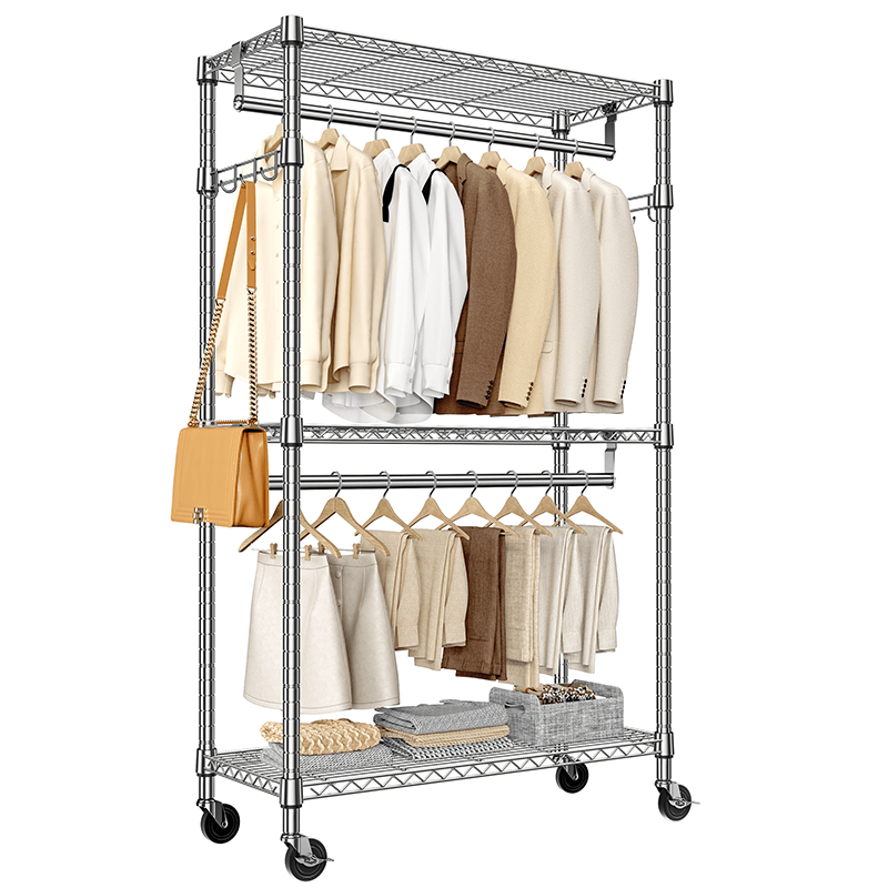 Heavy Duty Rolling Garment Rack 3 Tiers Adjustable Wire Shelving Clothes Rack with 2 Rods and Side Hooks,Storage Closet Clothing Rack with Wheels 15.7" D x 29.5" W x 74.5" H