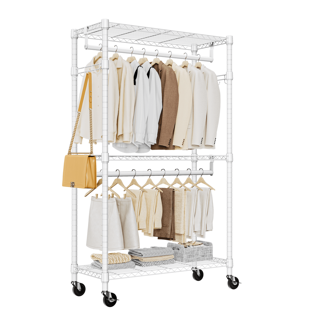 Heavy Duty Rolling Garment Rack 3 Tiers Adjustable Wire Shelving Clothes Rack with 2 Rods and Side Hooks,Storage Closet Clothing Rack with Wheels 15.7" D x 29.5" W x 74.5" H