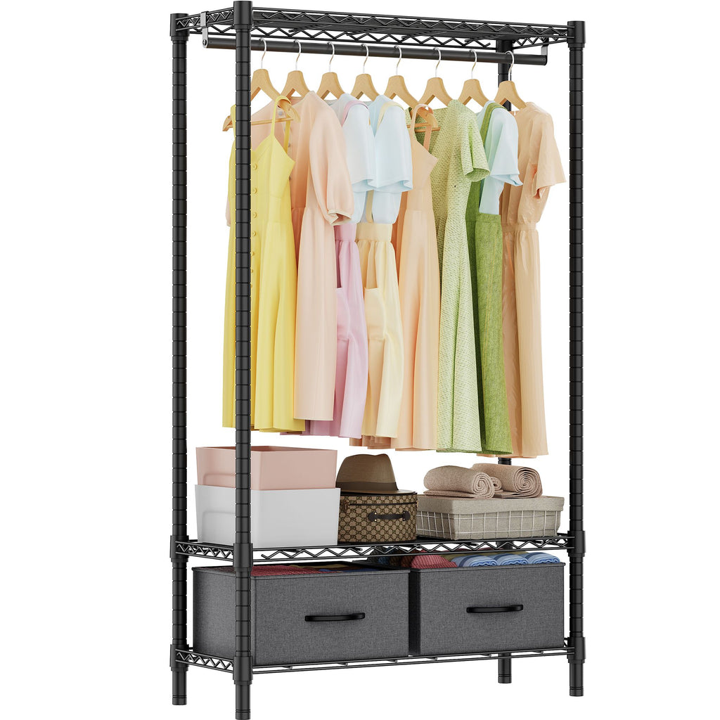 Heavy Duty Rolling Garment Rack 3 Tiers Adjustable Wire Shelving with Rod, Storage Closet Clothing Rack with Drawers Dark Grey, 15.8" D x 35.5" W x 72.4" H