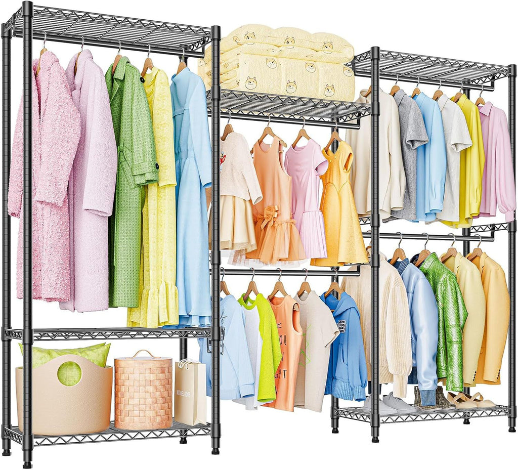 Heavy Duty Rolling Garment Rack 6 Tiers Adjustable Wire Shelving Clothes Rack with Rods Storage Closet Clothing Rack Black 15.7" D x 70.8" W x 76.5" H