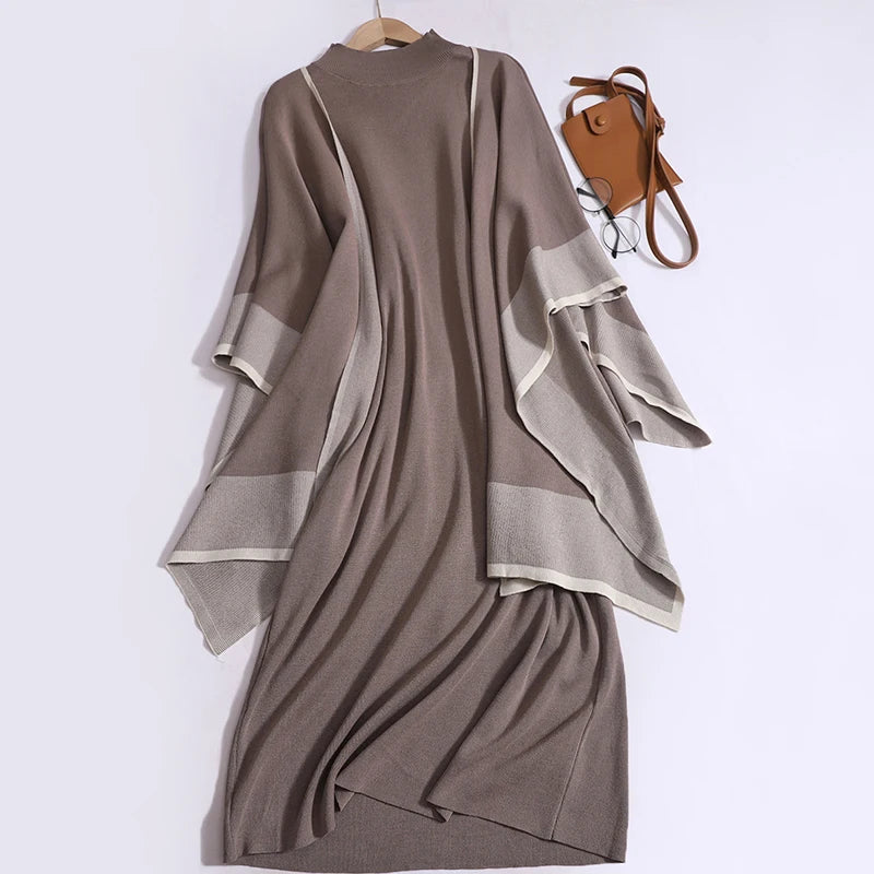 Women’s Elegant Two-Piece Patchwork Knit Shawl Top and Solid Long Sleeve Dress Set Casual Fall Winter Outfit