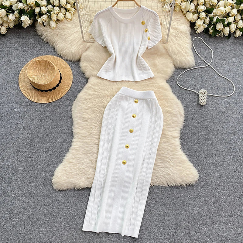 Elegant Knitted Two Piece Set with O-Neck Metal Button Short Sleeve Top and Elastic Waist Skirt Casual Summer Outfit for Women
