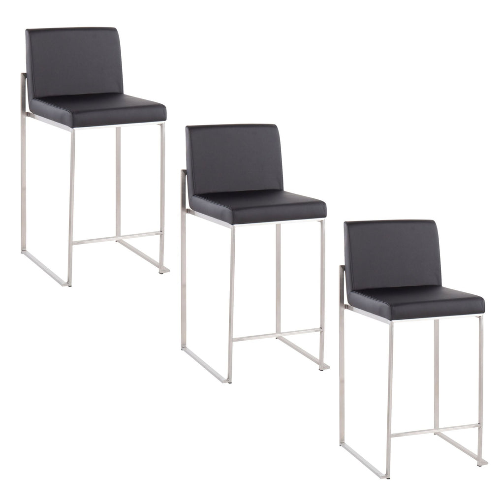 High Back Counter Stool in Stainless Steel and Black Faux Leather - Set of 3