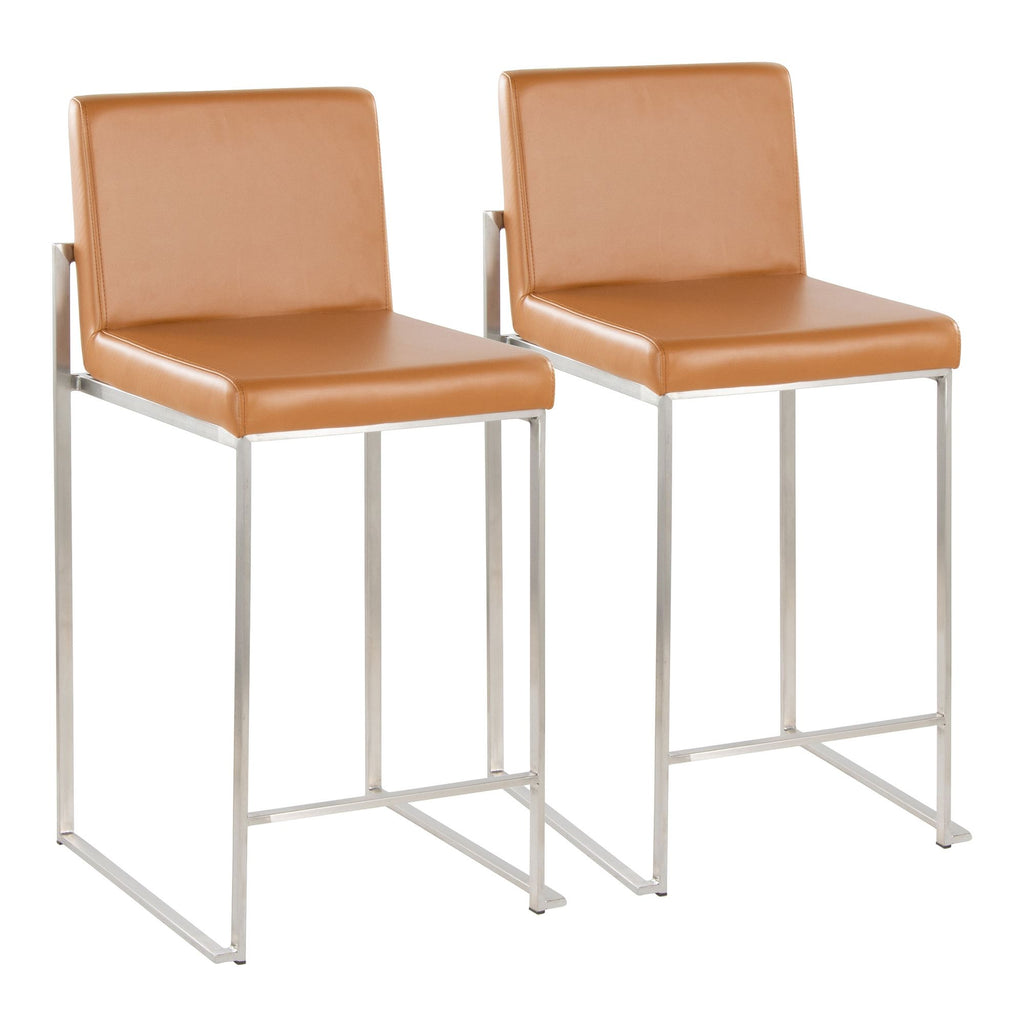 High Back Counter Stool in Stainless Steel and Camel Faux Leather - Set of 2
