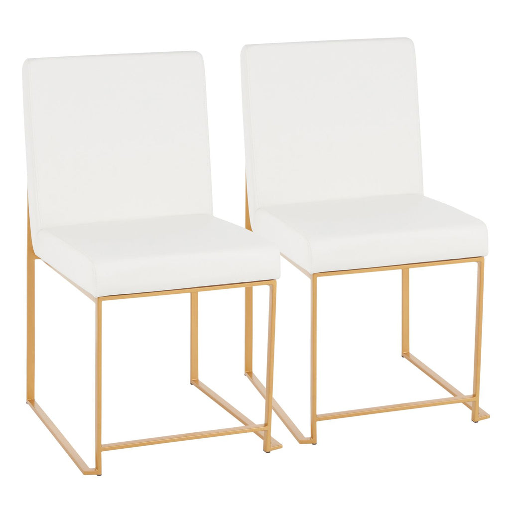 High Back Fuji Contemporary Dining Chair in Gold and White Faux Leather by - Set of 2