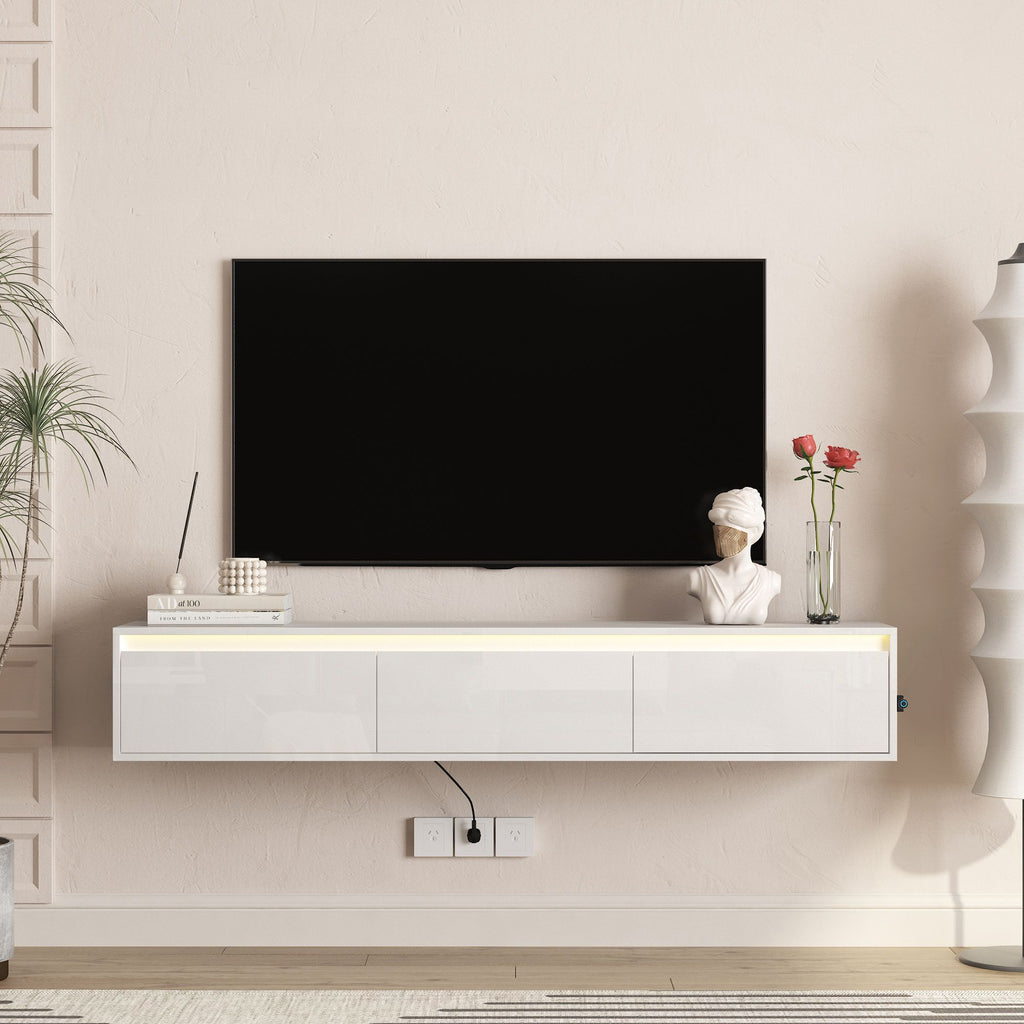 High-gloss suspended TV cabinet. Wall Mounted TV Shelf with Led Lights & Power Outlet,H Cabinet for White tv Stands for Living Room
