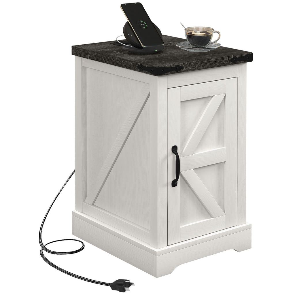 HOMCOM End Table with Charging Station and USB Ports, Farmhouse Side Table with Storage Cabinet for Living Room, Distressed White