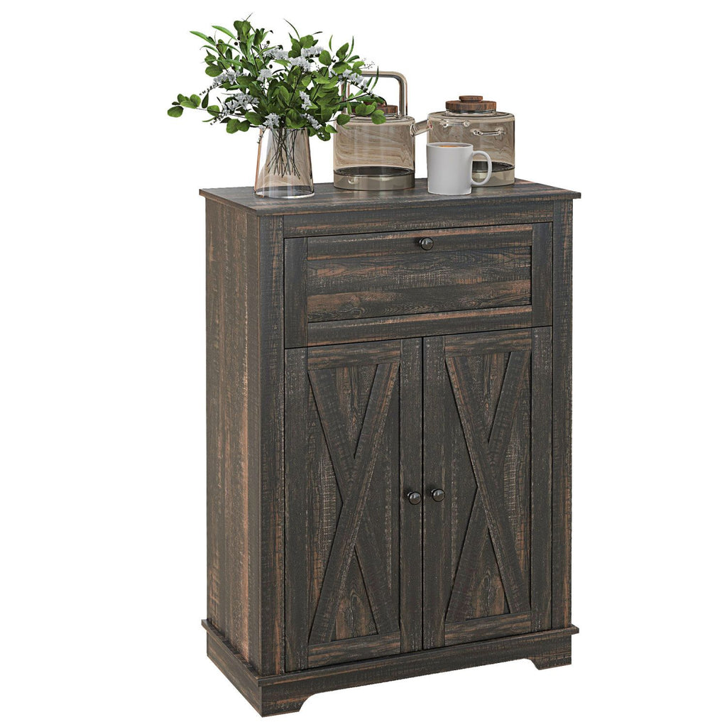 HOMCOM Farmhouse Barn Door Accent Cabinet, Kitchen Sideboard Storage Cabinet with Double Doors, Drawer, and Adjustable Shelf for Bedroom, Living Room, Dark Brown