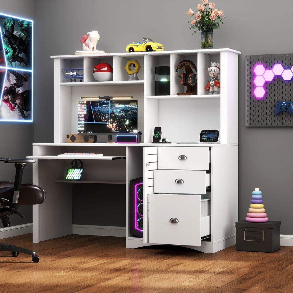 Home Office Computer Desk with Hutch, Antiqued White finish