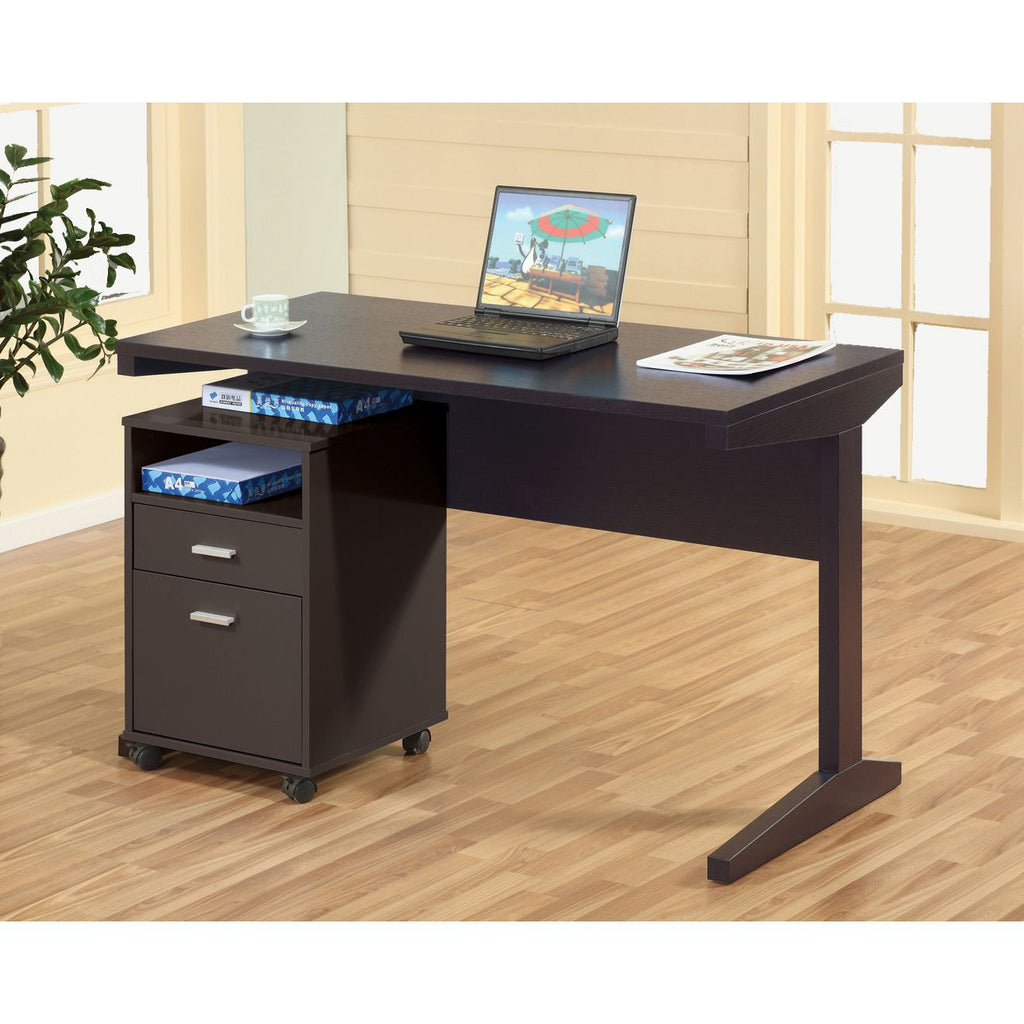 Home office desk with modesty panel and detached file cabinet on locking wheels with two drawers file drawer cubby shelf metal bar handle Red Cocoa color