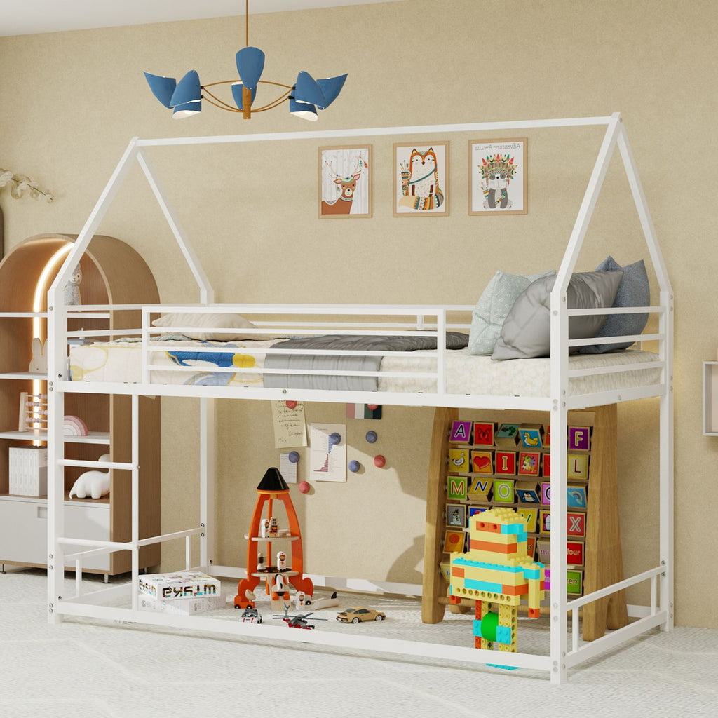 House Shape Metal Loft Bed with Sturdy Frame, Space-Saving Design & Playhouse Style, Ideal for Kids' Bedroom, Twin Size, White