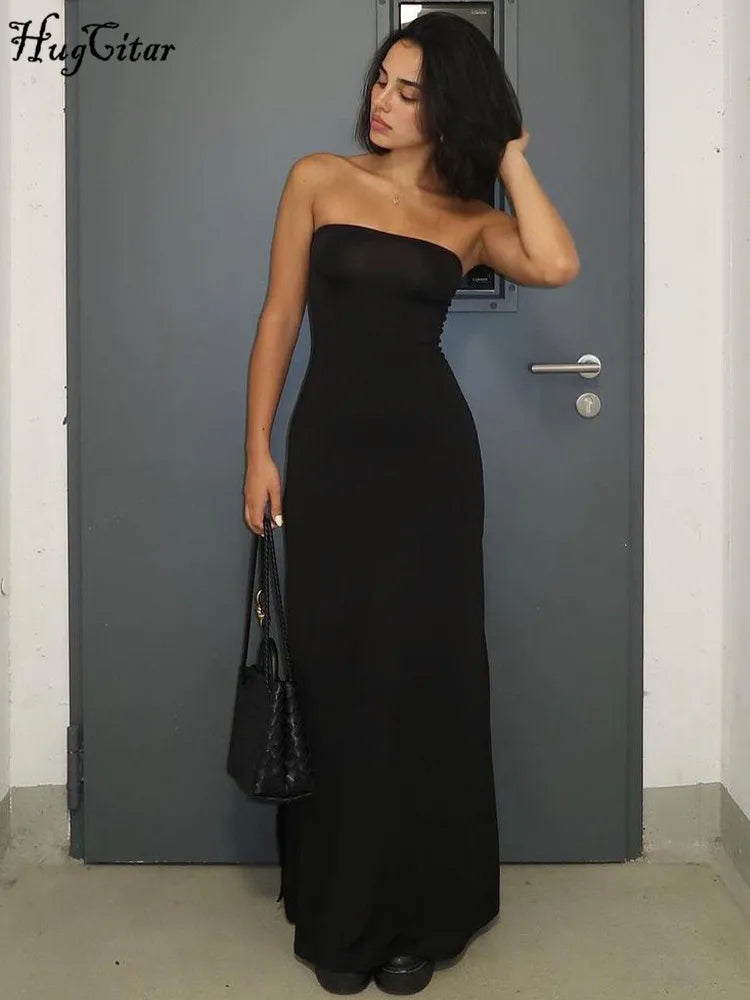 Black Strapless Long Sleeve Sexy Bodycon Maxi Dress for Elegant Evening Parties and Festivals - NIICY