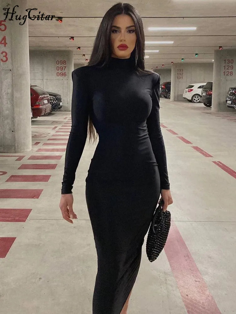 Women’s Black Turtleneck Bodycon Maxi Dress with Long Sleeves for Fall and Party Events