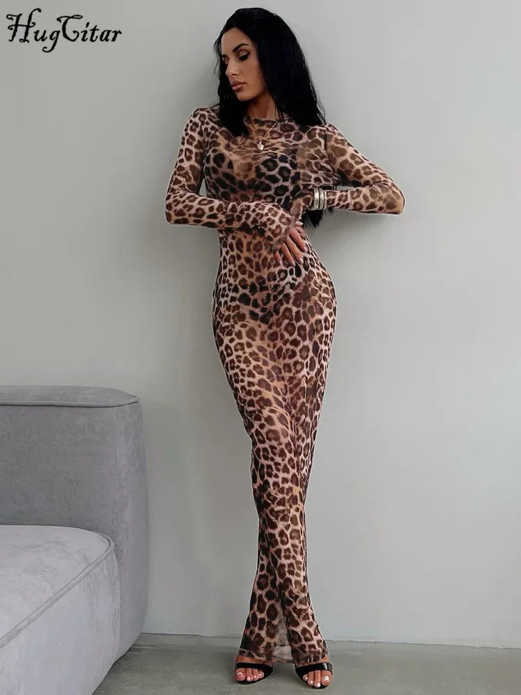 Leopard Print Mesh Long Sleeve Maxi Dress for Women, Sexy See Through Bodycon Gown for Beach Vacation and Club Wear - NIICY