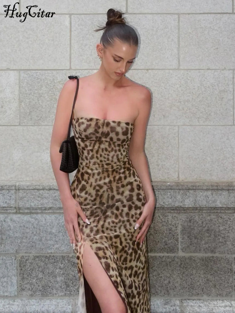 Women’s Leopard Print Strapless Bodycon Midi Dress with Slit for Summer Beach Vacation and Club Outfits