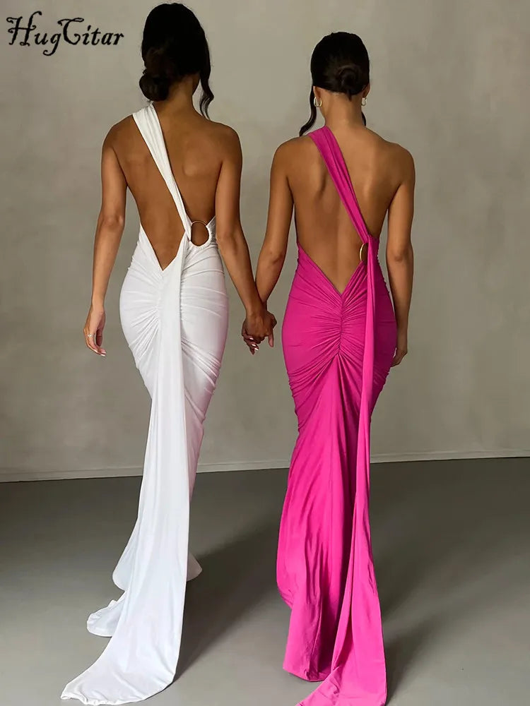 One Shoulder Backless Maxi Dress with Adjustable Scarf Loop and Ruched Detailing for Elegant Y2K Streetwear Festival Events - NIICY