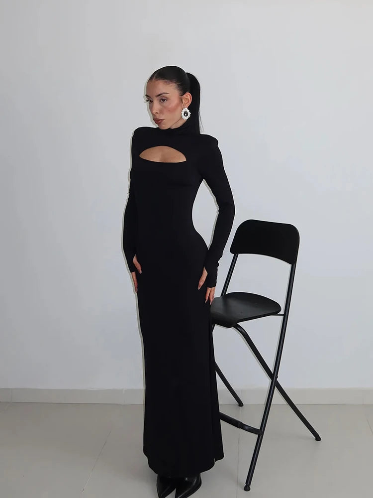 Sexy Sheath Maxi Dress for Women with Turtleneck and Long Sleeves featuring Hollow Out Design and Slim Fit Bodycon Style for Elegant Party Wear