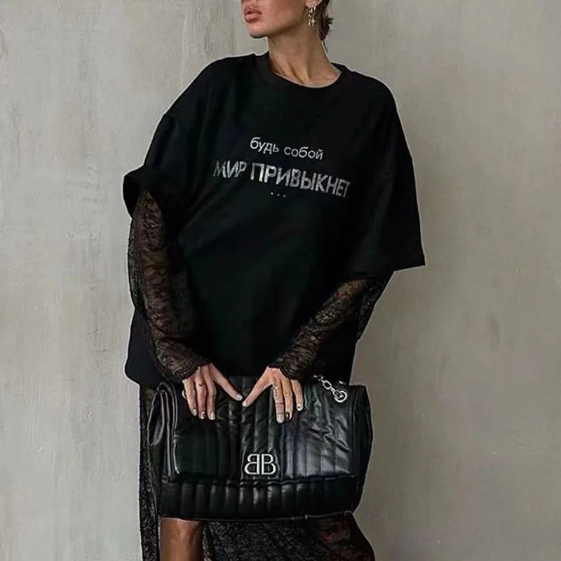 Casual Harajuku Diamond Print Loose Cotton T-Shirt for Women Soft Breathable Summer Streetwear Tee