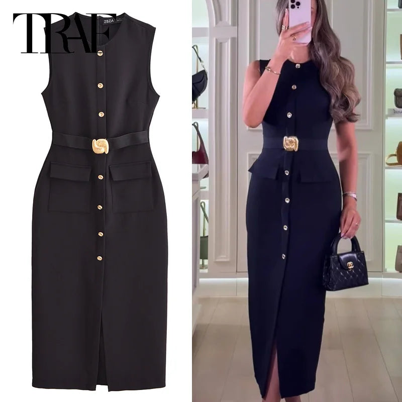 Elegant Black Long Summer Dress with Sleeveless Design, Button-Up Front, Belted Waist, Perfect for Evening and Casual Occasions